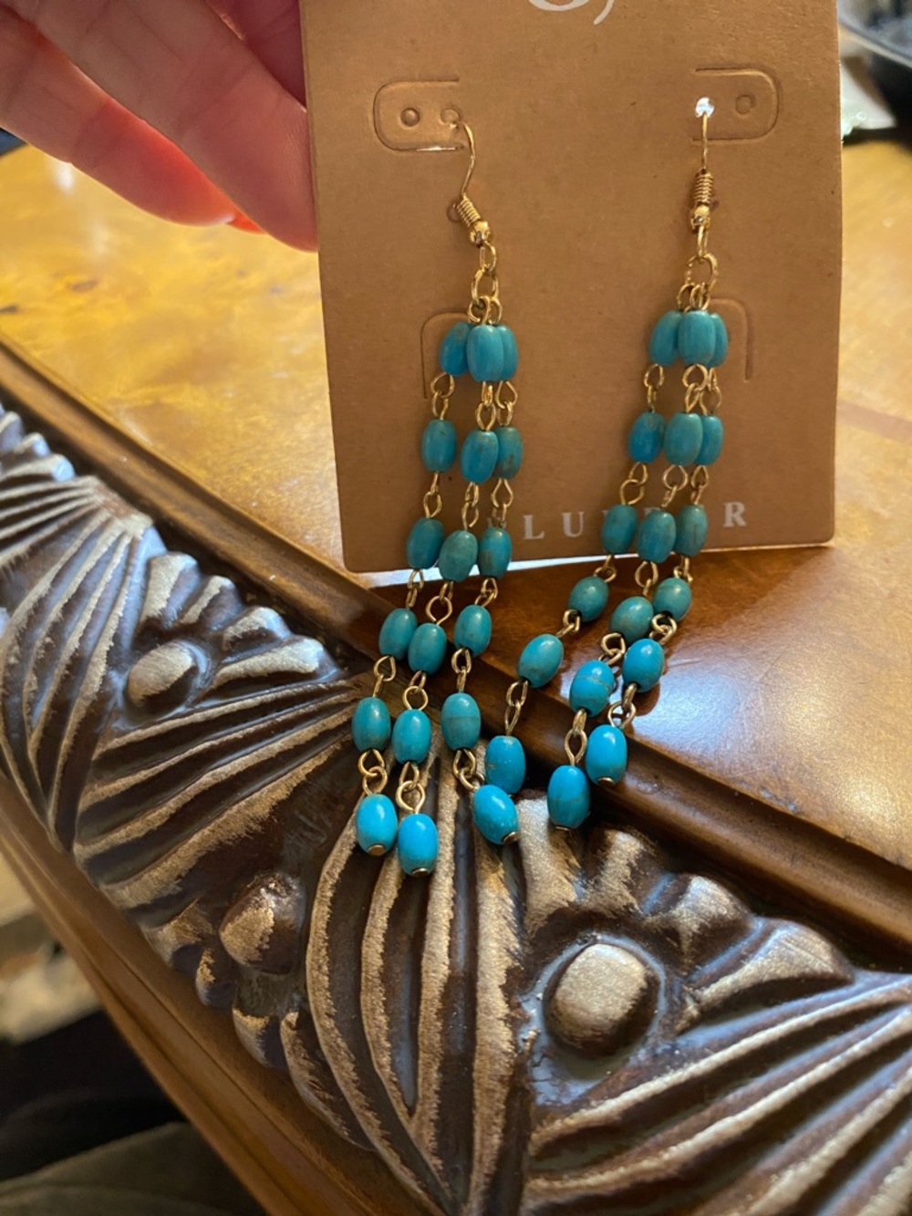 Plunder Turquoise Bead Dangle Earrings with Gold-Tone Chain